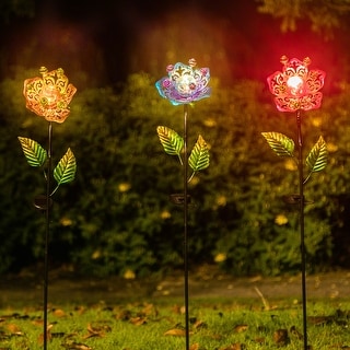 Adeco Set of 3 Solar LED Metal Flowers Garden Stakes