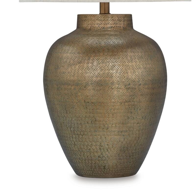 Table Lamp, Metal Hammered Pot Base, White Fabric Drum Shade 29 Inch