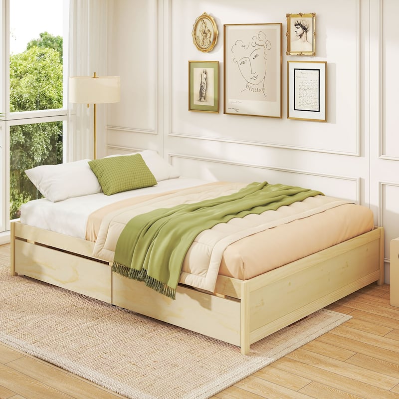 Full Size Wooden Platform Bed Frame with Storage Drawers Solid Wood Slatted Captain Bed No Box Spring Needed