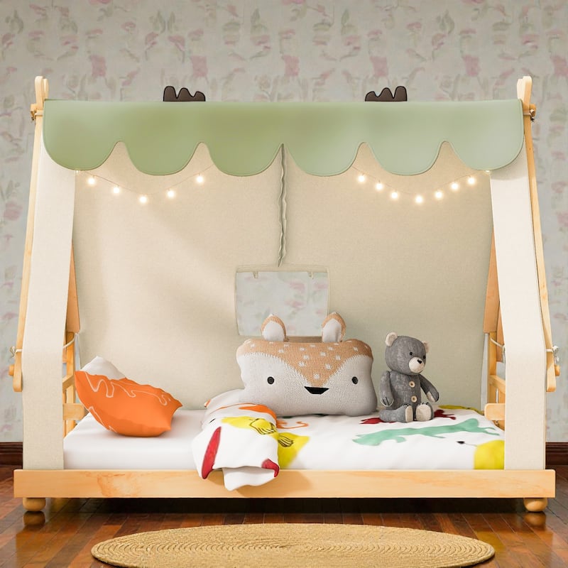 Twin/Full House Bed with Detachable Tent and Skylight, Kids Cabin Bed with Canopy, Light, and Forest-Themed Accents