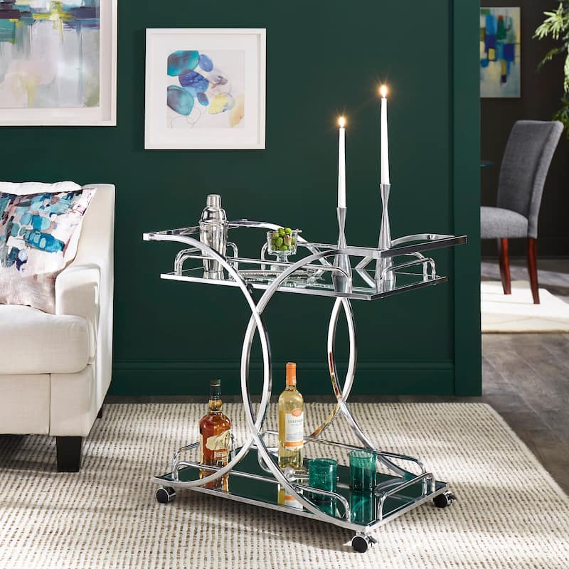 Rosewood Chrome Bar Cart with Curving Metal Frame by iNSPIRE Q Bold