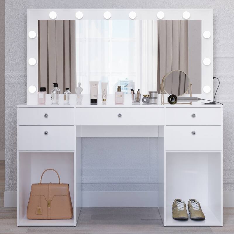 Hollywood Large Makeup Vanity Desk with 12 Light Bulbs; Modern Dressing Table with Multiple Storage Drawers & Crystal Knobs