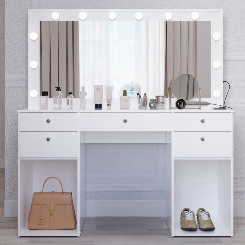 Makeup Vanity Desk w/ Free Black Storage Stool, LED Mirror, 5 Drawers, extra Storage, USB, Power Outlet