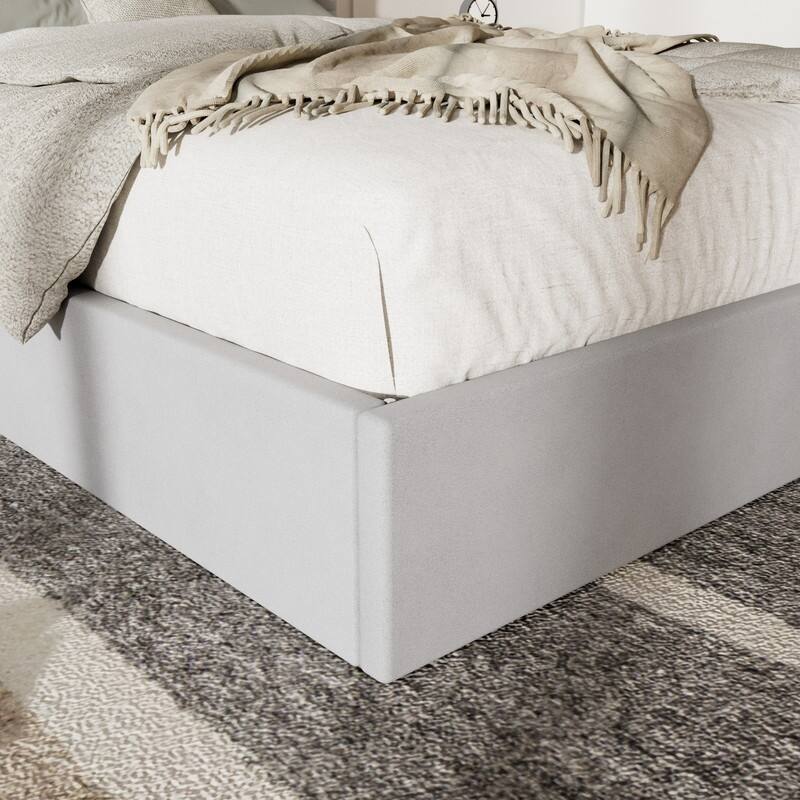 Plywood Frame Upholstered Platform Bed with Lift-up Storage Supported by Metal and Wooden Slats