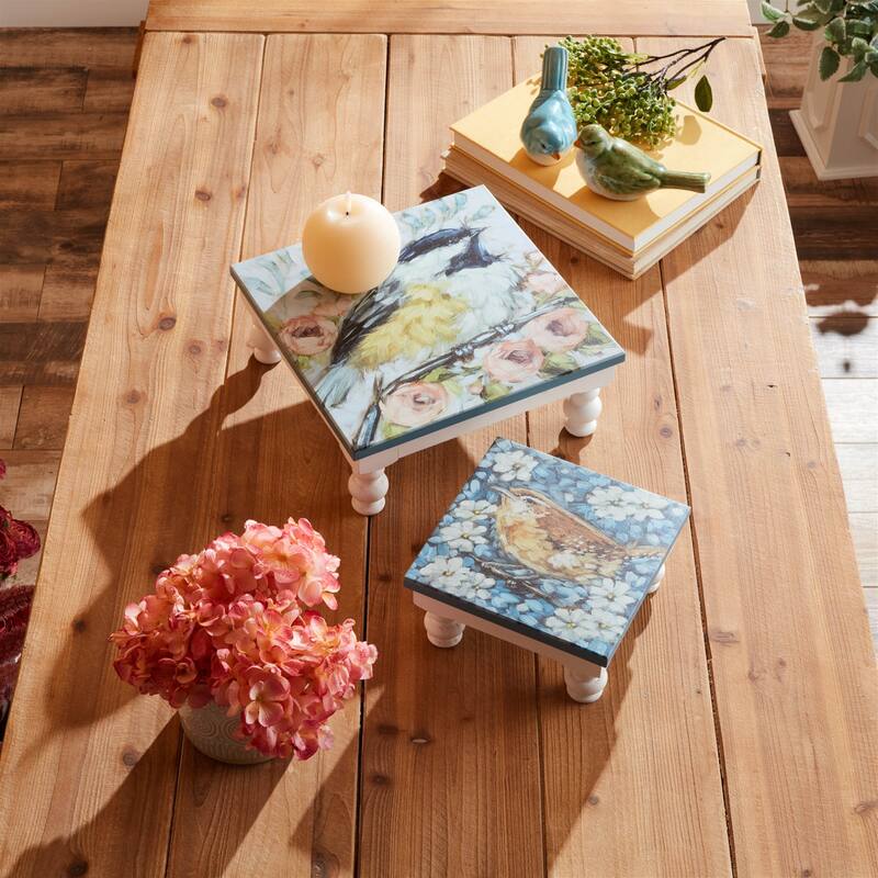 Wooden Floral Bird Pedestal Tray (Set of 2) - N/A