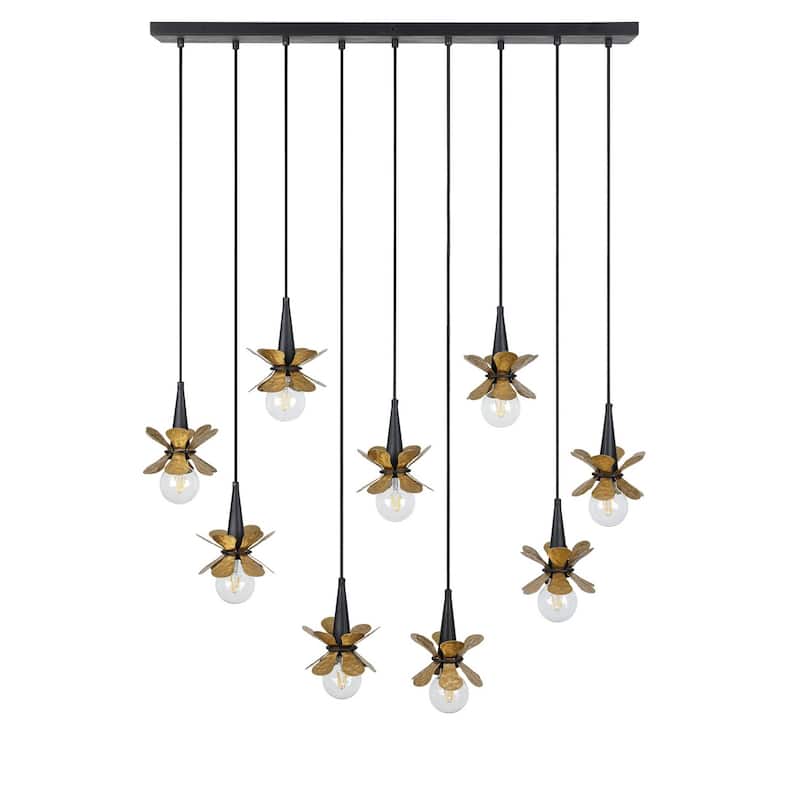 Portinatx 9-Light Linear Chandelier in Satin Black with Hammered Gold - Satin Black with Hammered Gold