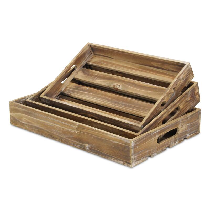 HomeRoots 19" Brown Rectangular Wood Handmade Tray With Handles