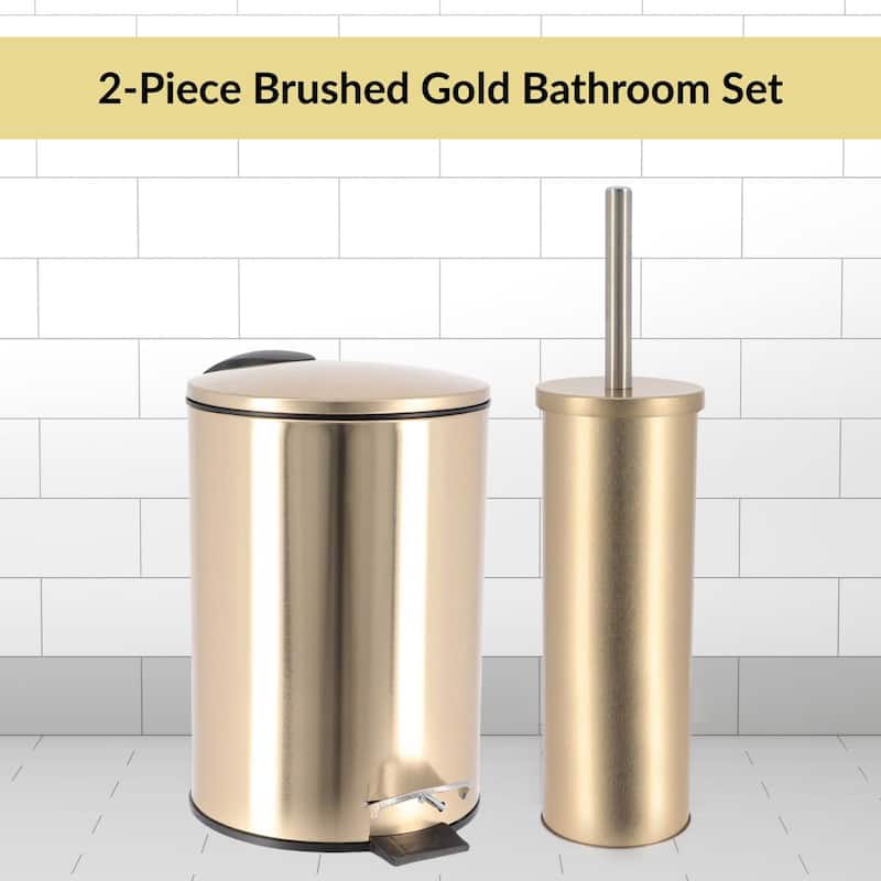 Brushed Gold Bathroom Set 0.8 Gal Trash Can and Toilet Bowl Brush - 6.1"L x 6.1"W x 15"H