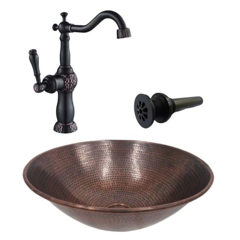 14" Round Brushed Copper Vessel Sink, 13" Faucet & Daisy Drain Included - 14" X 14" X 5.5"