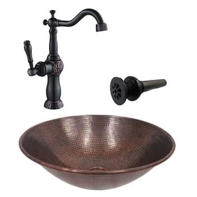 14" Round Brushed Copper Vessel Sink, 13" Faucet & Daisy Drain Included - 14" X 14" X 5.5"