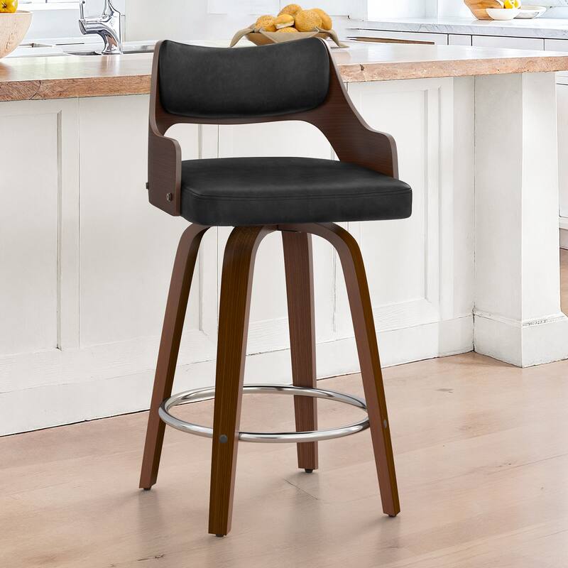 26.in Counter Height Stool Swivel Wooden Faux Leather Bar Stool with Curved Back - Black - Single
