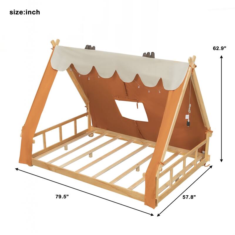 Full Size House Bed with Tent and Light