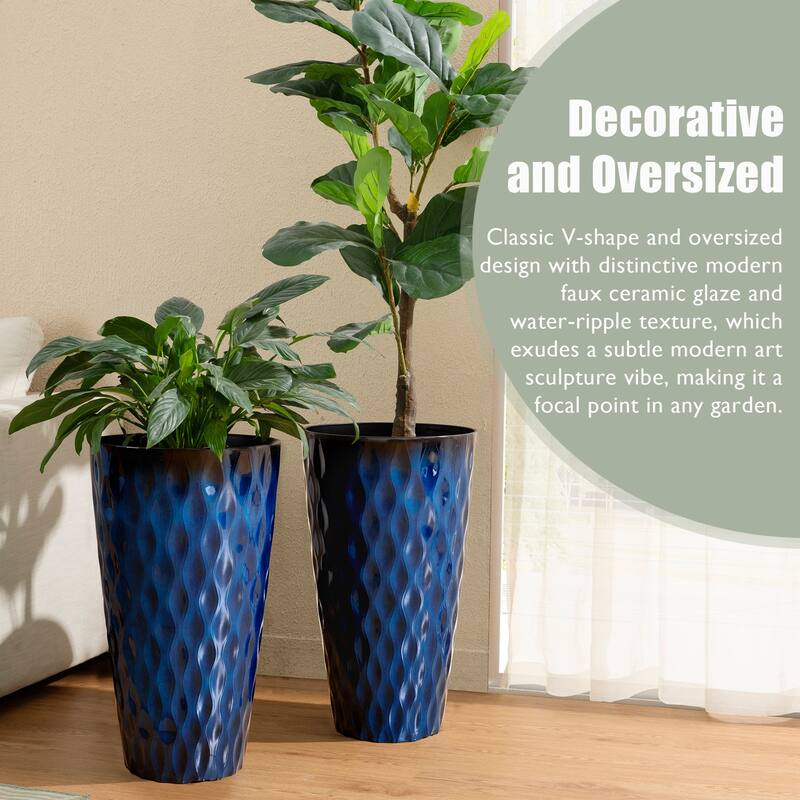Glitzhome 23.75"H Set of 2 Oversized Wavy Texture Cobalt Blue/Turquoise/Red Tall Plastic Planter