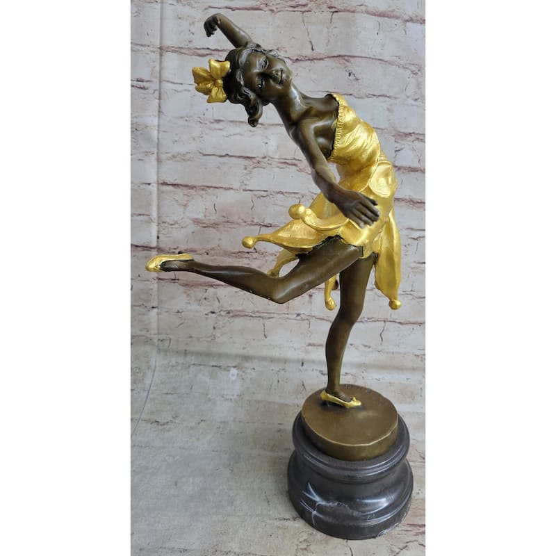 Art Deco Female Dancer Girl With Bow In Hair Gold Patina Bronze Statue Sculpture On Marble Base