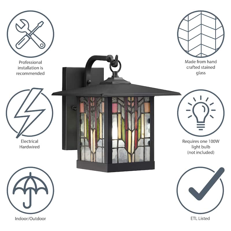 River of Goods Prairrie Style Stained Glass Black 1-Light Outdoor Lantern Wall Sconce - 10.75" x 9" x 11.75"