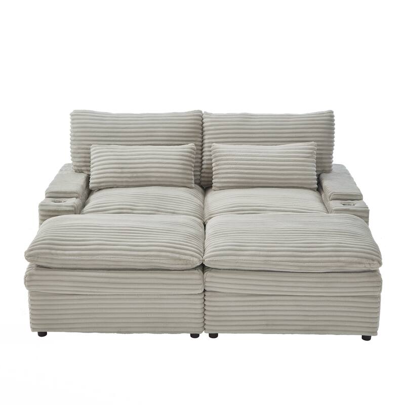 Loveseat Sofa Free-combined Sectional Convertible Sofa Bed with Storage Space, Two Movable Ottomans, Four USB Ports