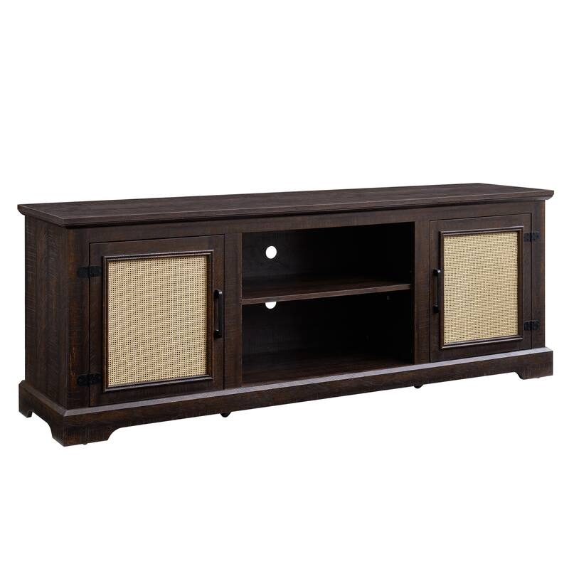 TV Stand for TVs up to 70" with Natural Rattan Doors, 2 Storage Cabinets, 3 Adjustable Shelves, Multifunctional Console Table