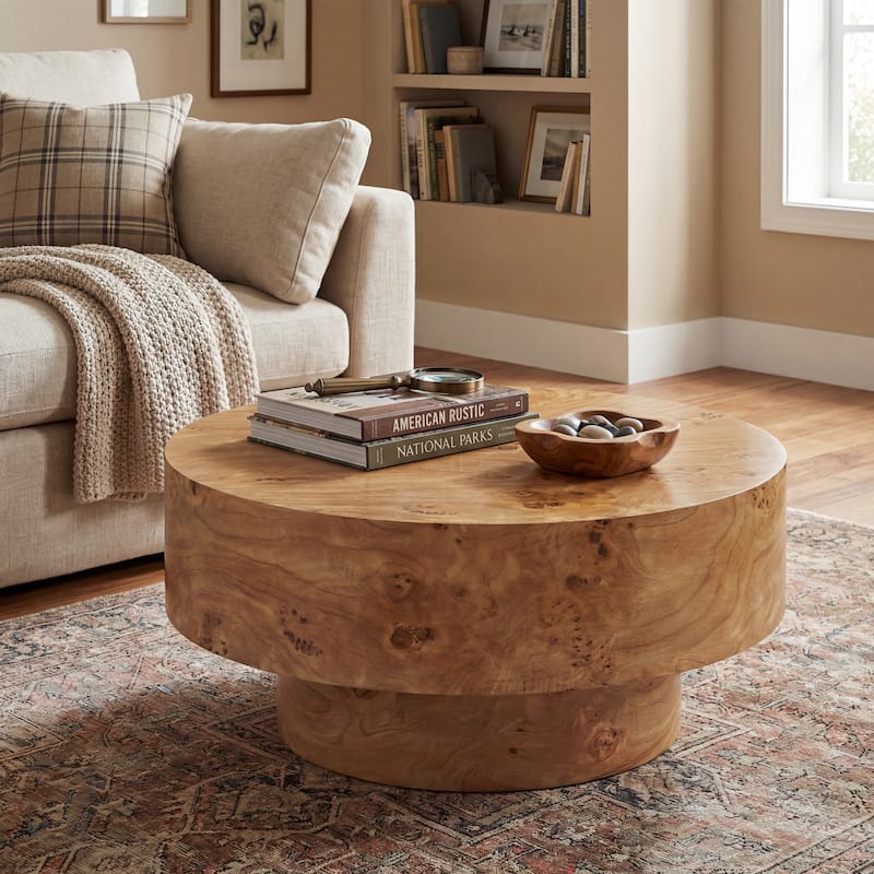 Christopher Knight Home - Orval Modern 31.5" Round Coffee Table with Thick Top & Drum Pedestal Base, Versatile for Living Areas - Light Brown