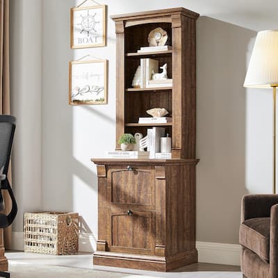 Farmhouse Bookcase with 2 File Drawers, 72" Tall Wooden Bookshelf