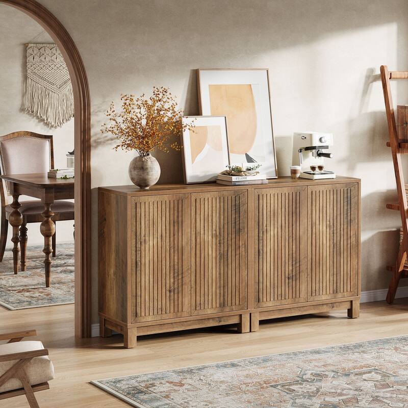 Fluted Sideboard Buffet Cabinet, Farmhouse Wood Storage Cabinet - Brown