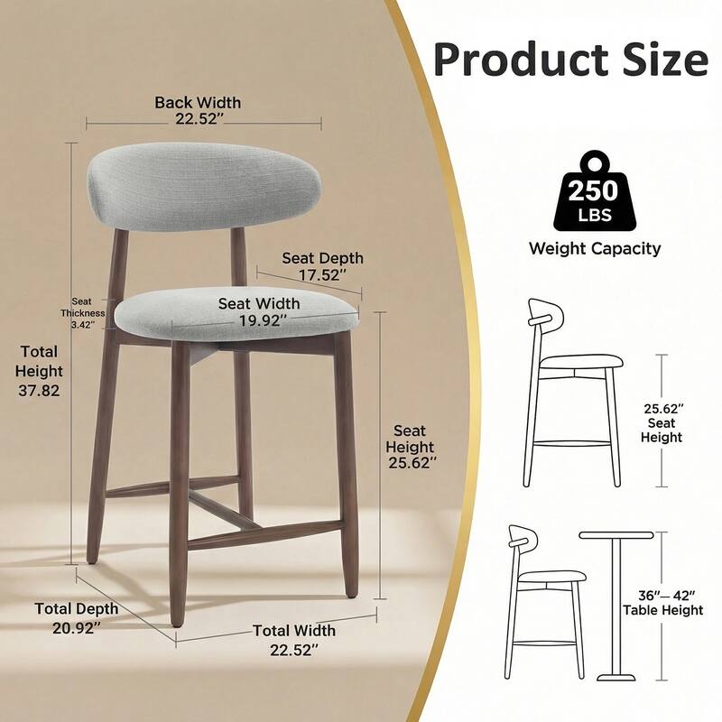 Mid-Century Modern Upholstered Bar Stools Counter Height Wooden Bar Chairs with Backrest Footrest