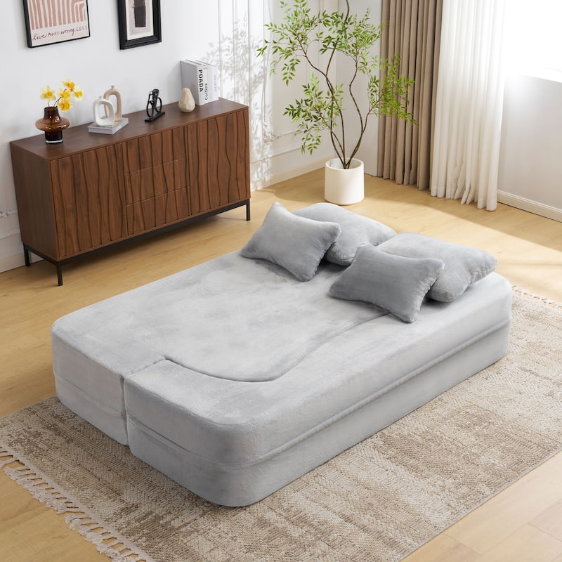 Queen Size Modern Sofa With 4 Pillows,Plush Fabric Futon Sofa Couch,High-Density Foam Folding Mattress,No Assembly Required