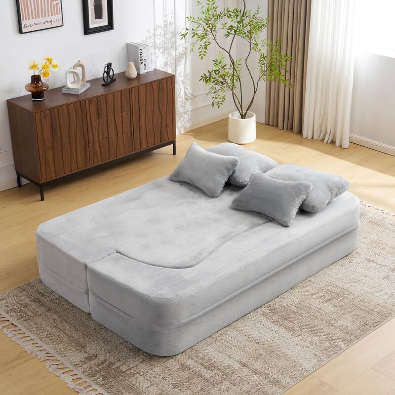 Roomfitters Queen Size Modern Floor Sofa with 4 Pillows, Plush Fabric Futon Couch Folding Mattress for Living Room