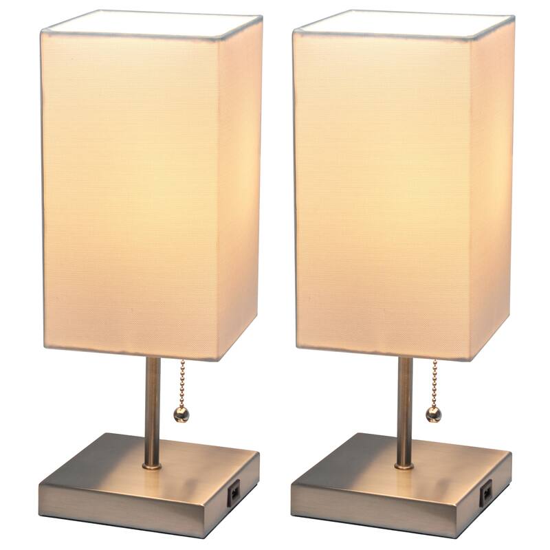 14.25 in. Brushed Steel Finish Table Lamp with White Shade, Durable Stick Lamp for End/Side Tables, Set of 2