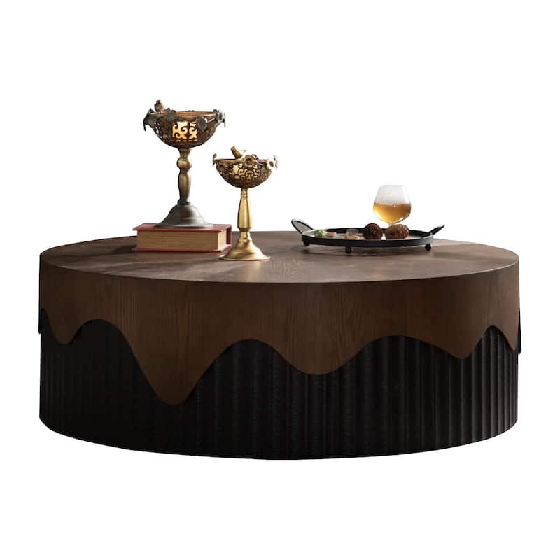 38.97" Round Coffee Table Handcrafted Relief Sturdy Pedestal Wooden Tea Table for Living Room no need to Assemble