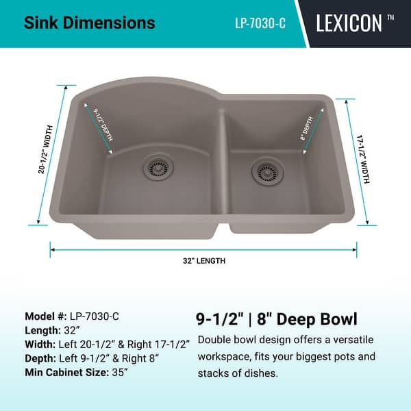 dimension image slide 4 of 9, Lexicon Platinum Quartz 32 Inch 70/30 Double Bowl Kitchen Sink with Bottom Grids and Strainers and Disposal Flange