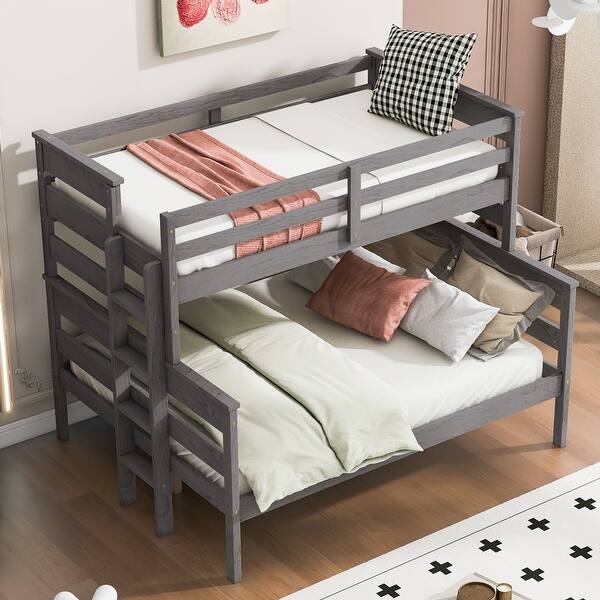 slide 2 of 12, Gray Twin over Full Size Solid Wood Bunk Bed with Ladder & Fence Twin over Full - Gray