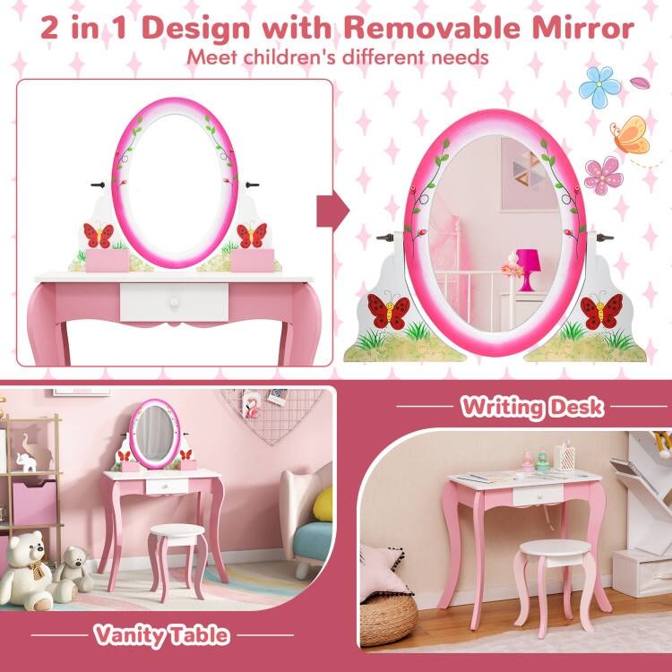 Pink Kids Vanity Table and Stool Set with 360 Rotating Mirror and Whiteboard Perfect for Gift - 27"L x 16.5"W x 39.5"H