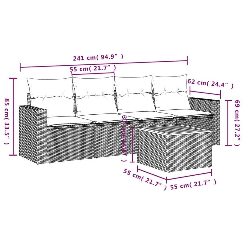 vidaXL Patio Sofa Set with Cushions Outdoor Furniture 5 Piece Poly Rattan - 25.8 x 24.4 x 27.2