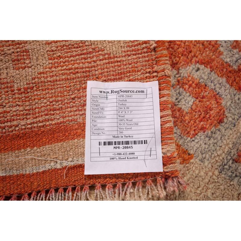 Handmade Orange Geometric Oushak Turkish Vintage Runner Rug - 3'3"x 9'4"