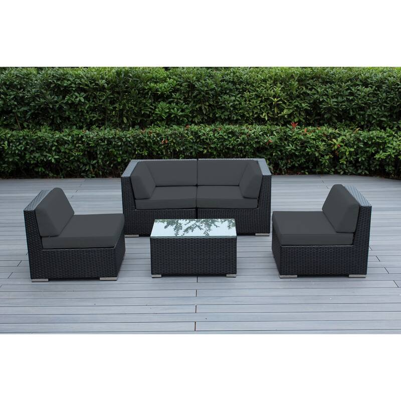 Ohana Outdoor Patio 5 Piece Black Wicker Sectional with Cushions - No Assembly - Grey