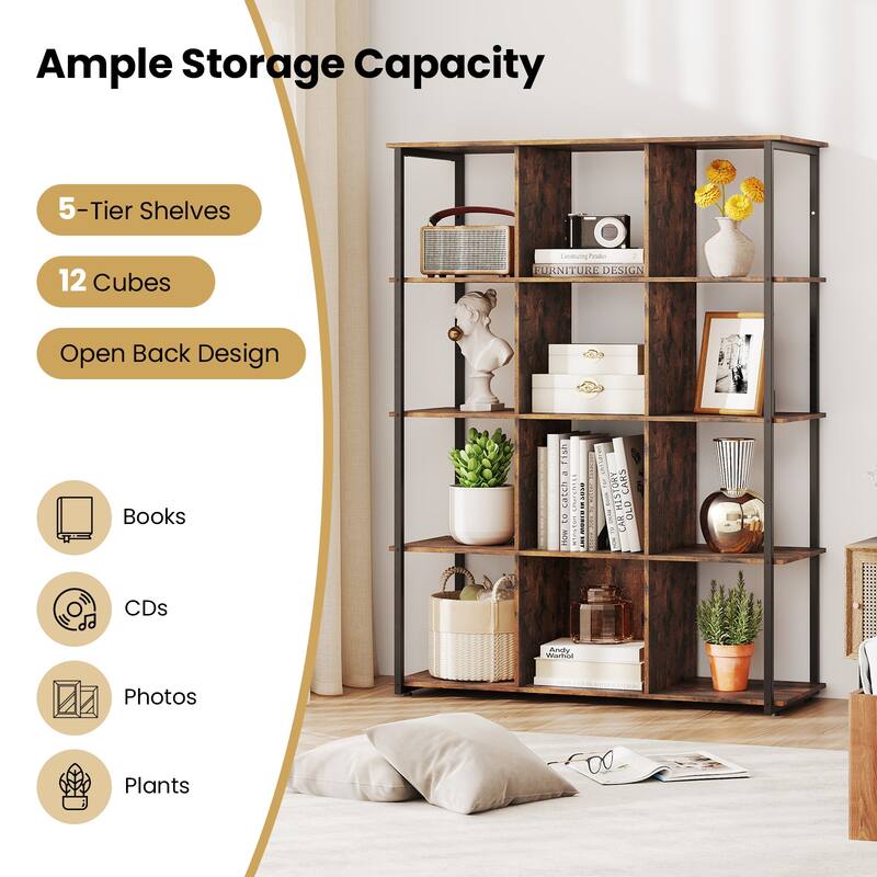 Rustic Brown Metal and Wood 5-Tier Bookshelf 12-Cube Storage Rack with Anti-Tip - 42" L x 16" W x 57" H