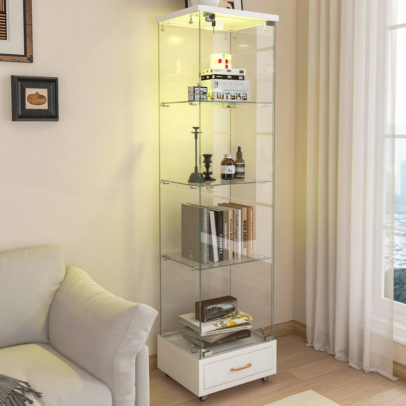 Modern Glass Display Cabinet with Drawer and LED lights for Living Room and Bedroom