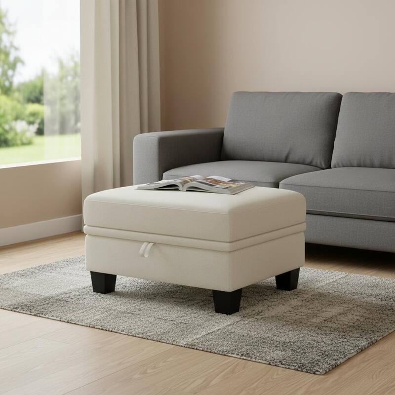 HomeRoots 29" Beige and Black Chenille Storage Ottoman - Beige