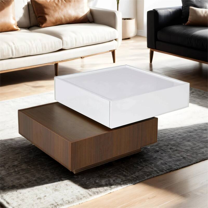 Square 360°Rotating Coffee Table with 2 Drawers, Swivel Tabletop