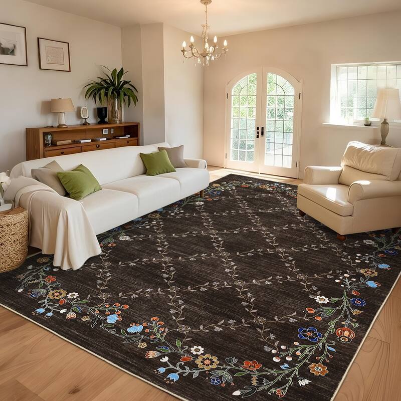 Floral Area Rugs for Living Room Low Pile Non Slip Rugs Washable Soft Foldable Accent Carpet Home Decor - 9'x12' - Brown