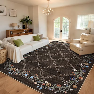 Floral Area Rugs for Living Room Low Pile Non Slip Rugs Washable Soft Foldable Accent Carpet Home Decor