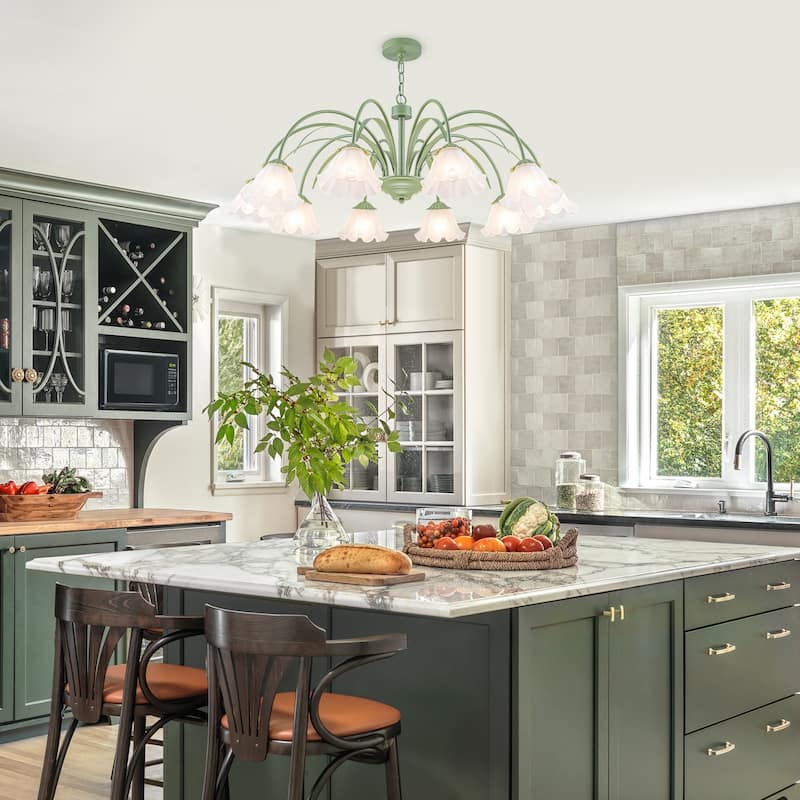 Botanical Green Chandelier with Floral Frosted Glass Shades