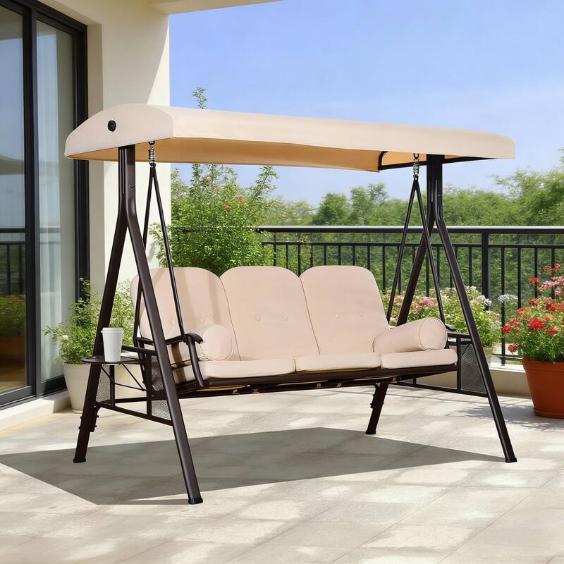 GDFStudio - 3-Seat Patio Swing Chair with Tiltable Canopy and Side Trays