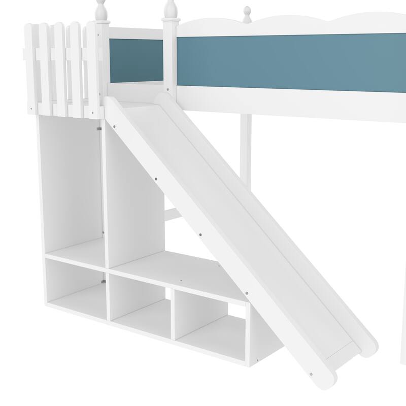 Modern High Loft Beds with Full Length Guardrails, Solid Wood Storage Loft Bed Frame with Detachable Slide and Ladders
