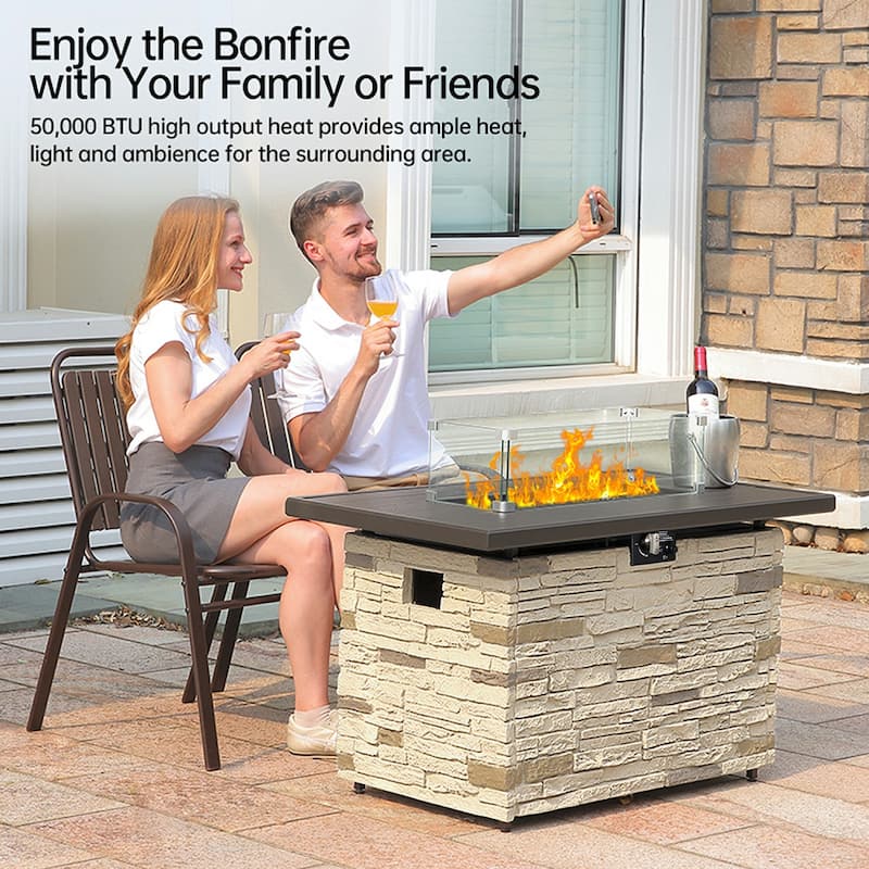 43" Propane Fire Pit Table, 50,000 BTU Faux Stone Fire Pit for Gatherings, CSA Certified Fire Table