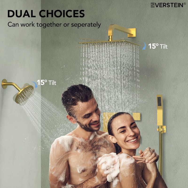 Thermostatic Dual Shower System 12" and 6" Rainfall Shower Head with 6 Body Jets & Handheld Shower