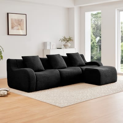 115.3" L-Shaped Boneless Sectional Sofa with Ottoman, Curved Armrests, Teddy Fabric Floor Upholstered Sofa for Living Room