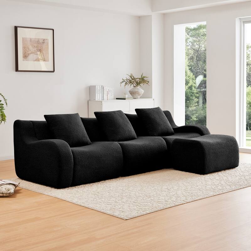 Anmytek Modern 3-Seat Chaise Sofa - High-Quality Teddy Fabric - Black