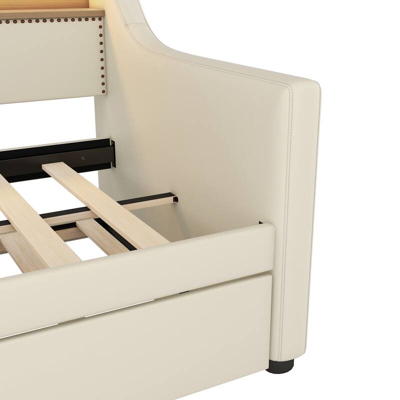 Roomfitters Upholstered Twin Daybed with Trundle, Built-in Charging Station & Lighting Headboard, Space-Saving Design
