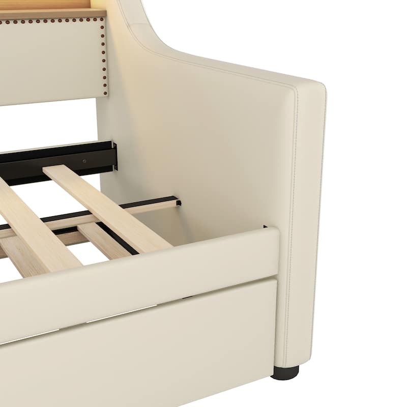 Twin Size Upholstered Daybed with Trundle,Charging Station and LED Lights